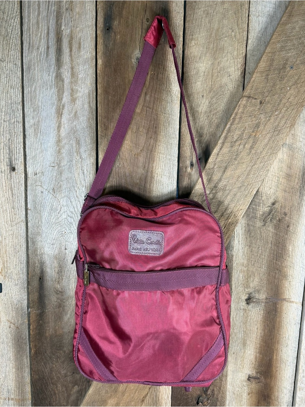 1980's Vintage Pierre Cardin Nylon Burgundy Messenger Crossbody Bag